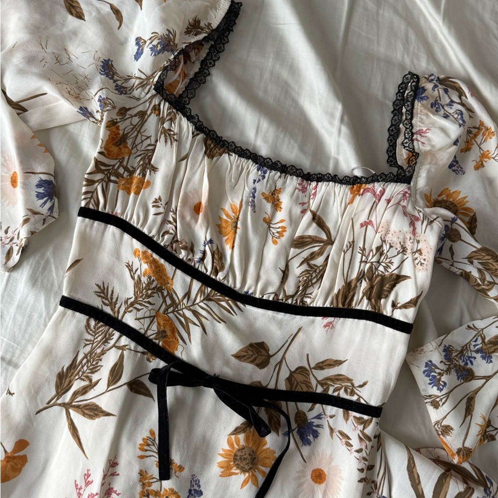 Reformation Floral Dress with Black Lace Trim